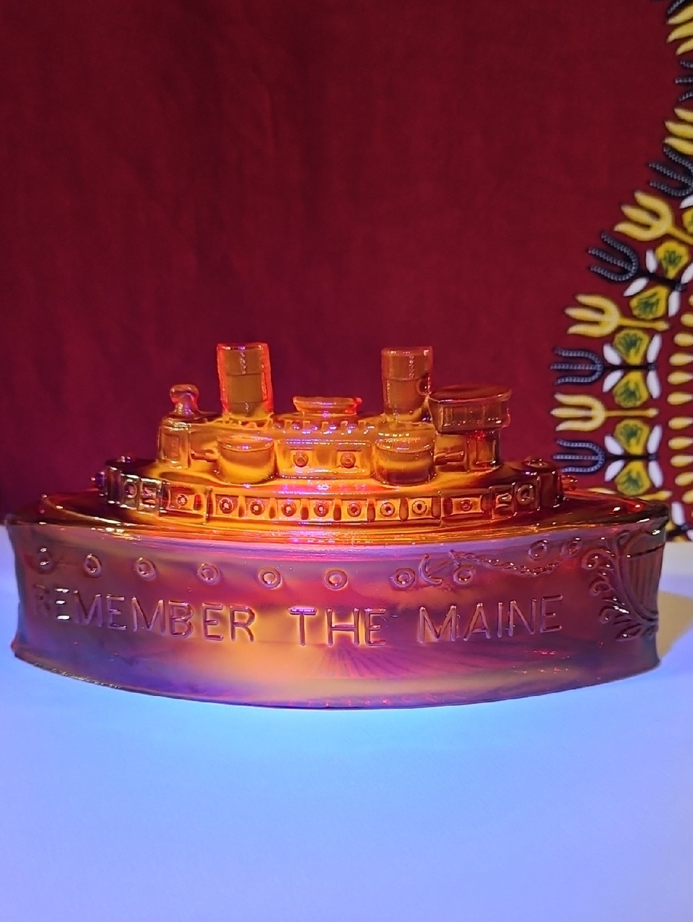 1930's Remember The Maine Nautical Ship Lidded Dish Amberina UV Reactive